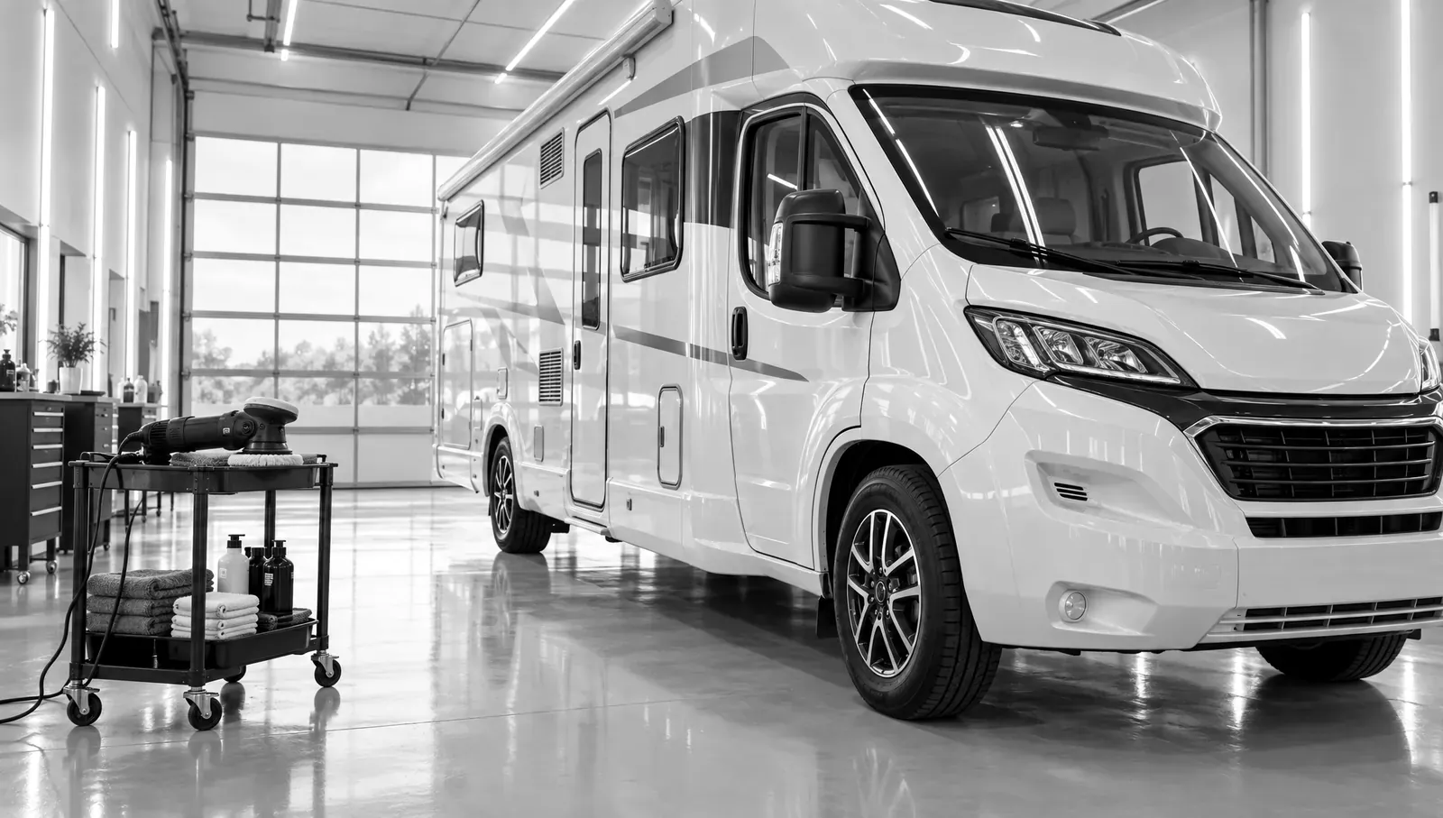 Wohnmobil mit frisch polierter Seitenwand in einer Aufbereitungshalle